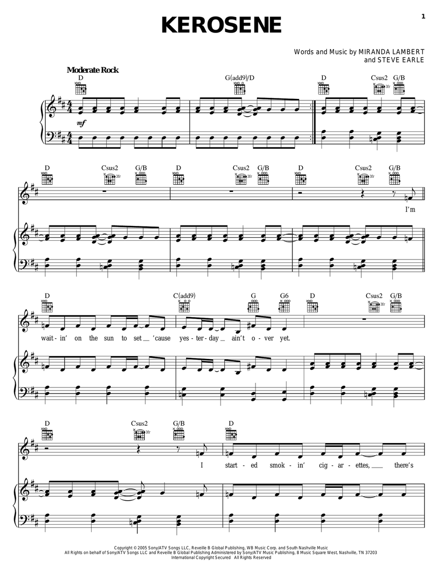 Kerosene Piano, Vocal, Guitar scores gallery preview page 1