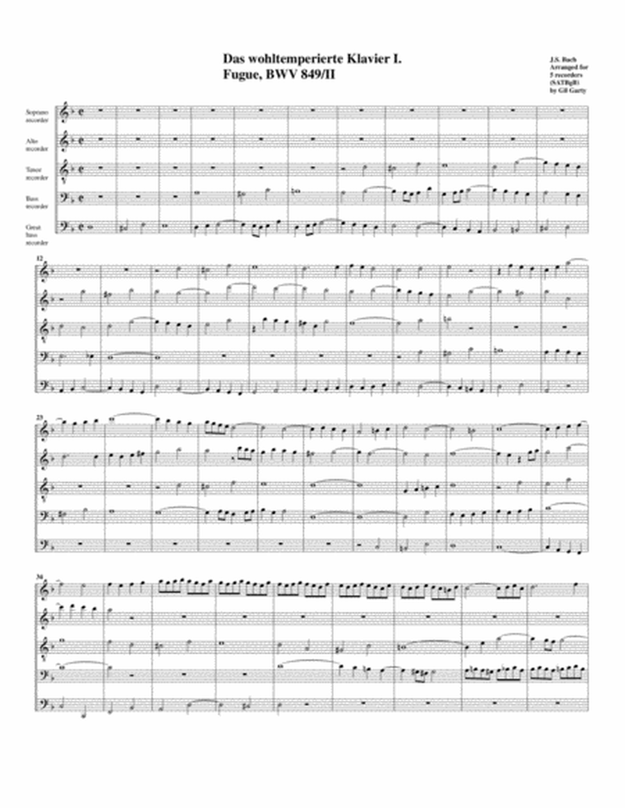 Fugue from Das wohltemperierte Klavier I, BWV 849/II (arrangement for 5 recorders (SATBgB))
