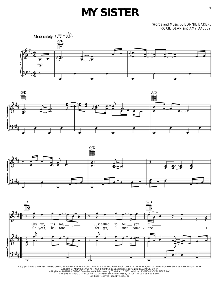 My Sister My Sister Piano, Vocal, Guitar scores gallery preview page 1