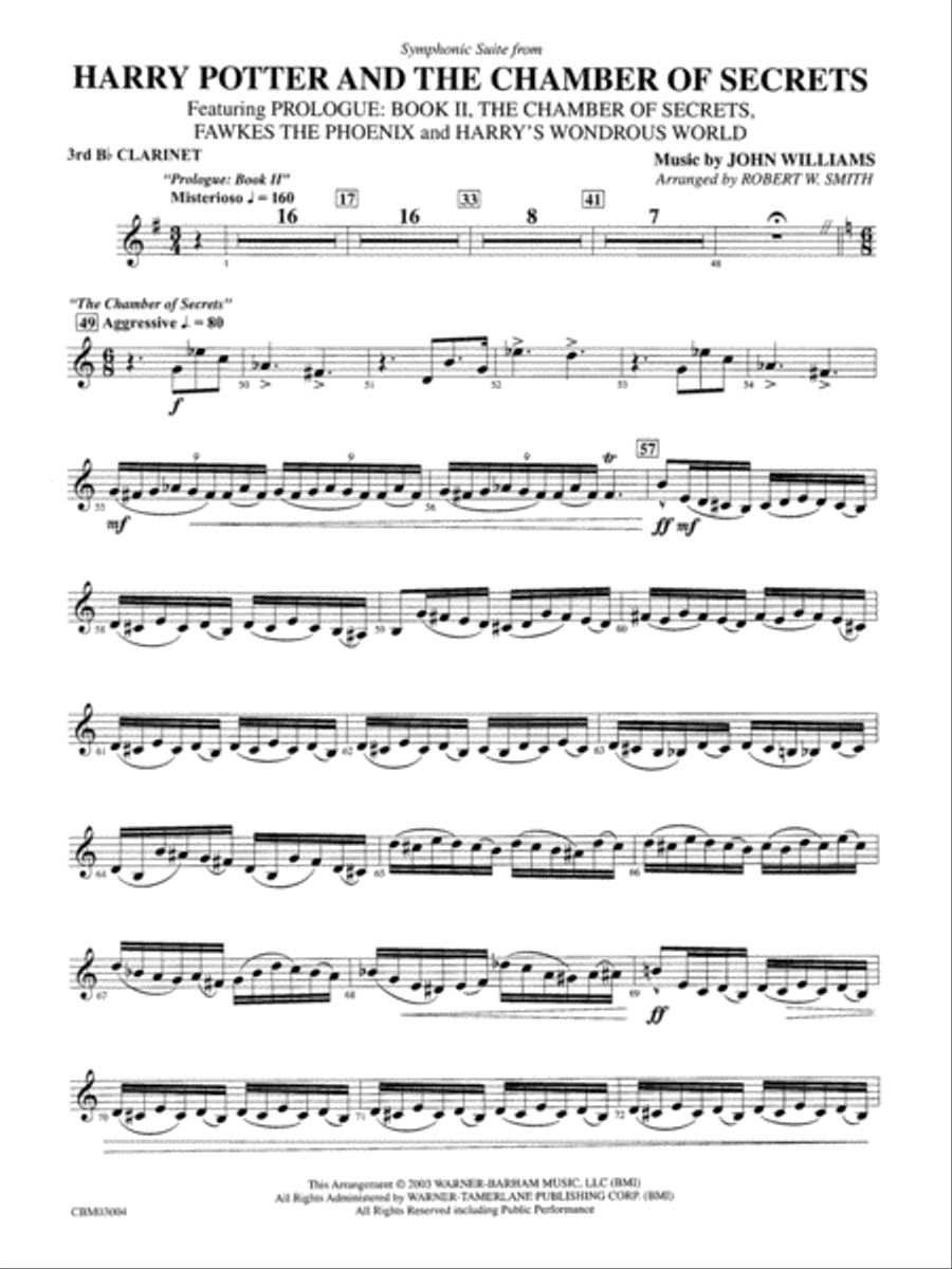 Harry Potter and the Chamber of Secrets, Symphonic Suite from: 3rd B-flat Clarinet Concert Band scores gallery preview page 1
