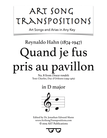 Quand je fus pris au pavillon (D major) by Reynaldo Hahn Voice - Digital Sheet Music