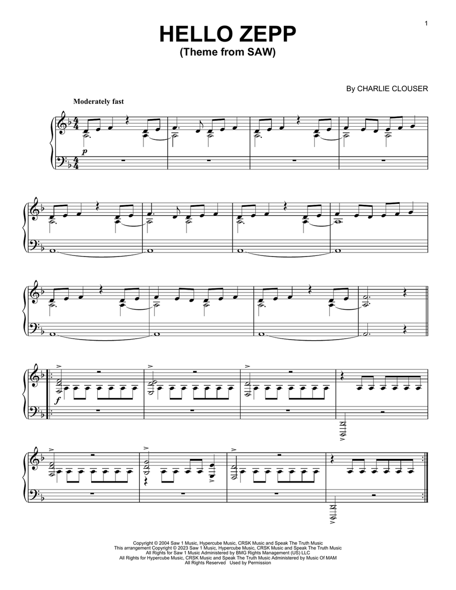 Hello Zepp (Theme From Saw) Piano Solo scores gallery preview page 1
