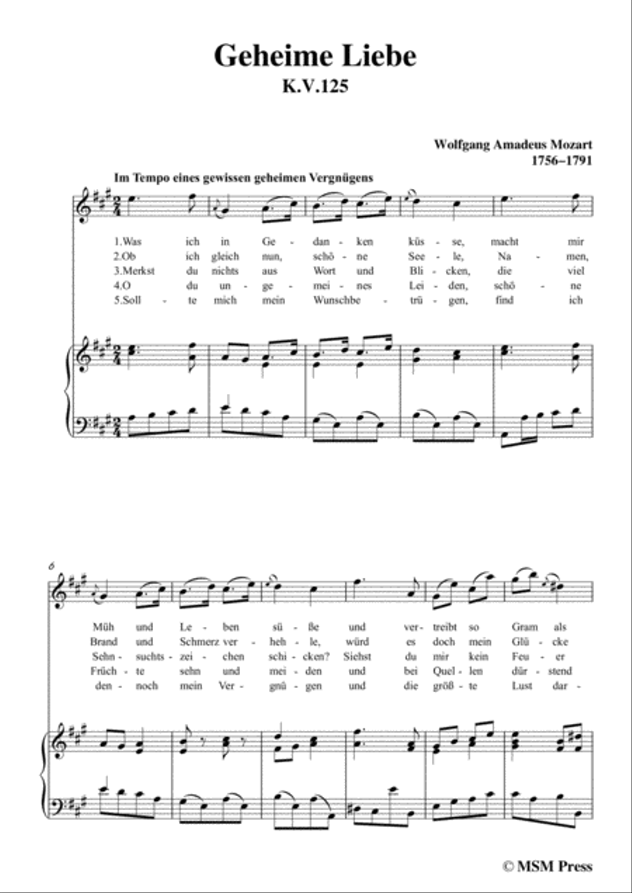 Mozart-Geheime Liebe,in A Major,for Voice and Piano Voice Solo scores gallery preview page 3