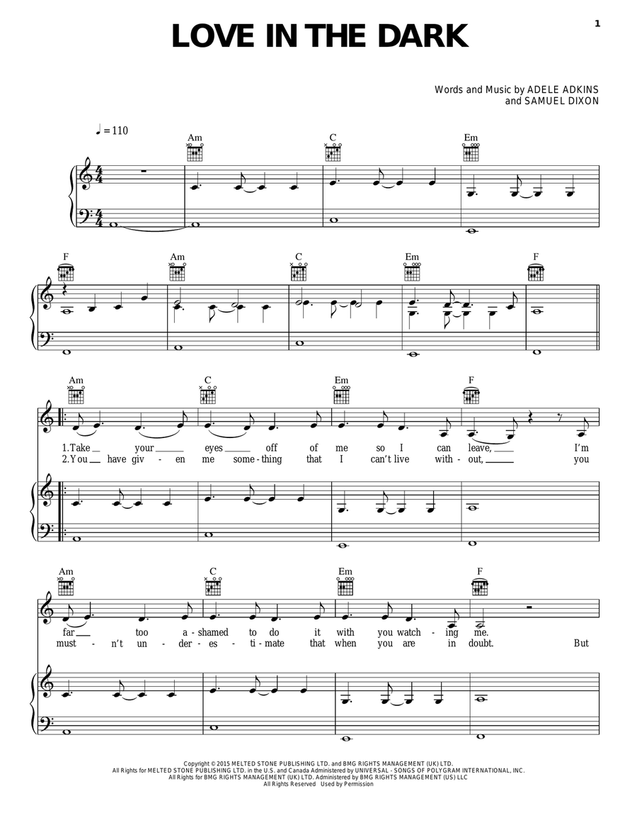 Love In The Dark Piano, Vocal, Guitar scores gallery preview page 1