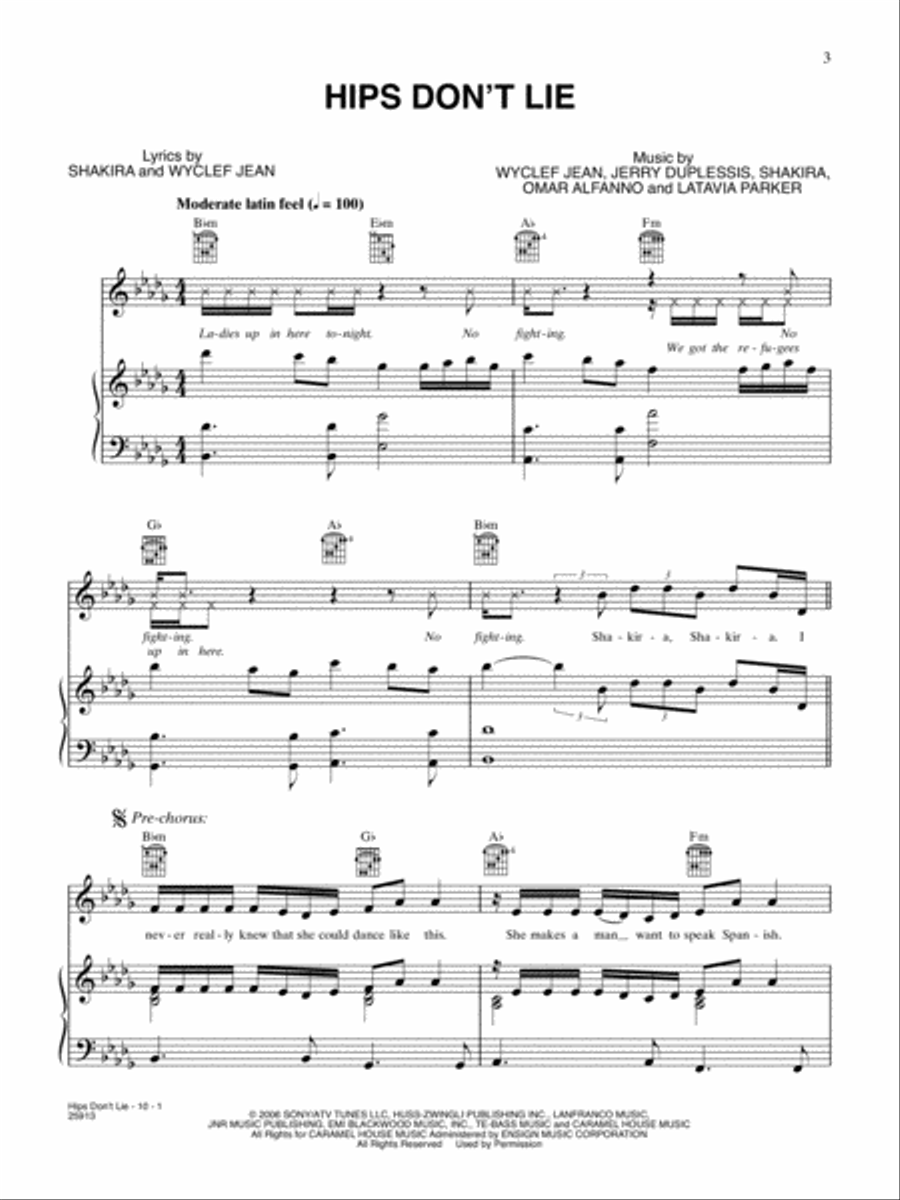Hips Don't Lie Piano, Vocal, Guitar scores gallery preview page 1