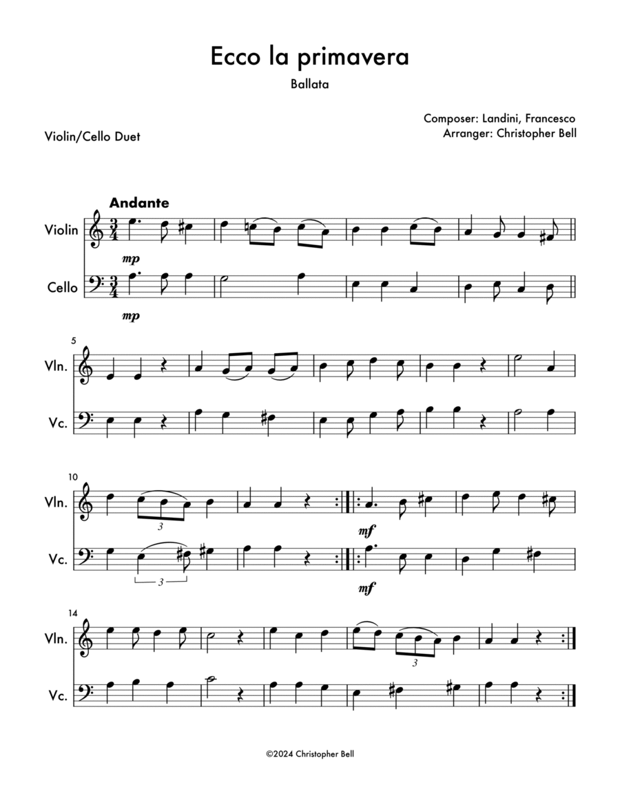 Ecco La Primavera - Violin/Cello Duet String Duet - Digital Sheet Music