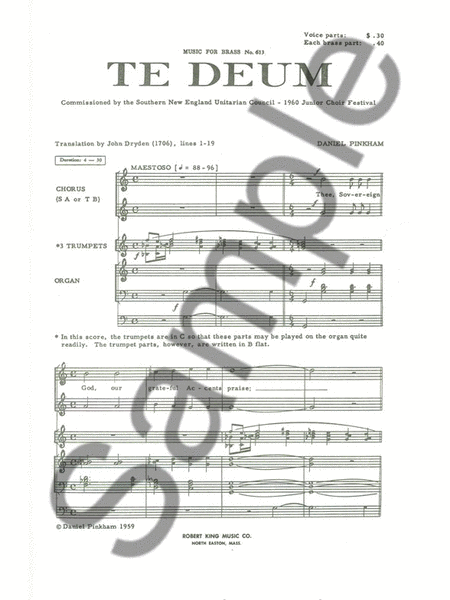 Pinkham Daniel Te Deum Brass Ensemble Score/parts