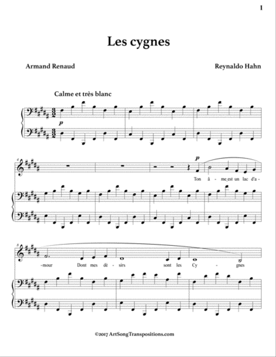 HAHN: Les cygnes (transposed to B major) Voice scores gallery preview page 2