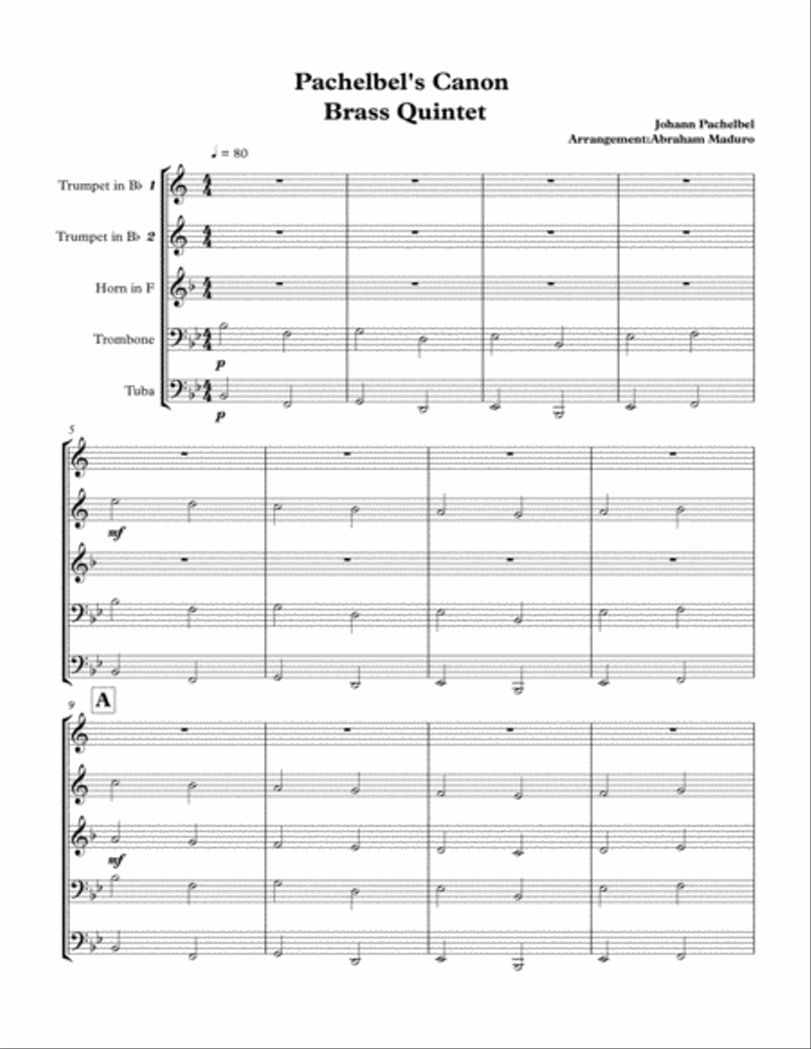 Pachelbel's Canon Brass Quintet Pachelbel's Canon Brass Quintet Brass Quintet scores gallery preview page 1