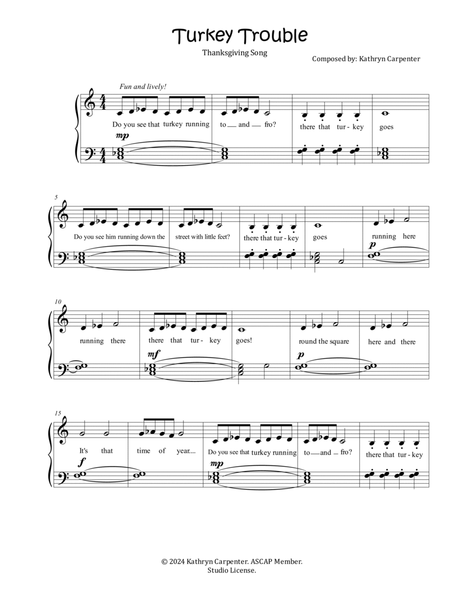 Turkey Trouble (Easy Piano, Thanksgiving, with Lyrics) Piano Method scores gallery preview page 1