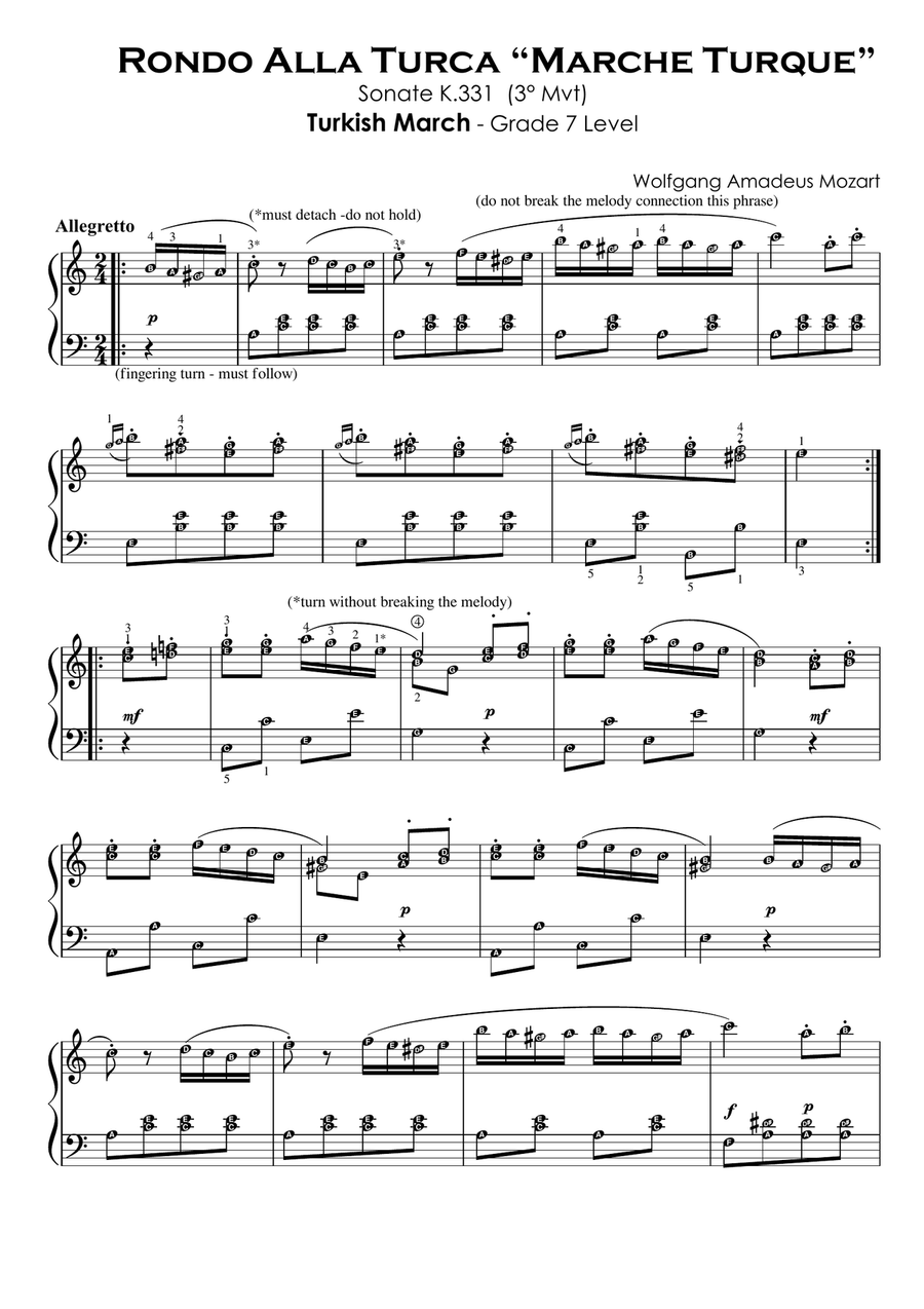 TURKISH MARCH - Mozart (original version with note names and finger numbers)