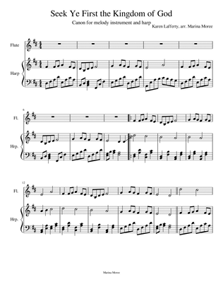 Seek Ye First the Kingdom of God, intermediate harp arrangement: solo or duet with melody instrument