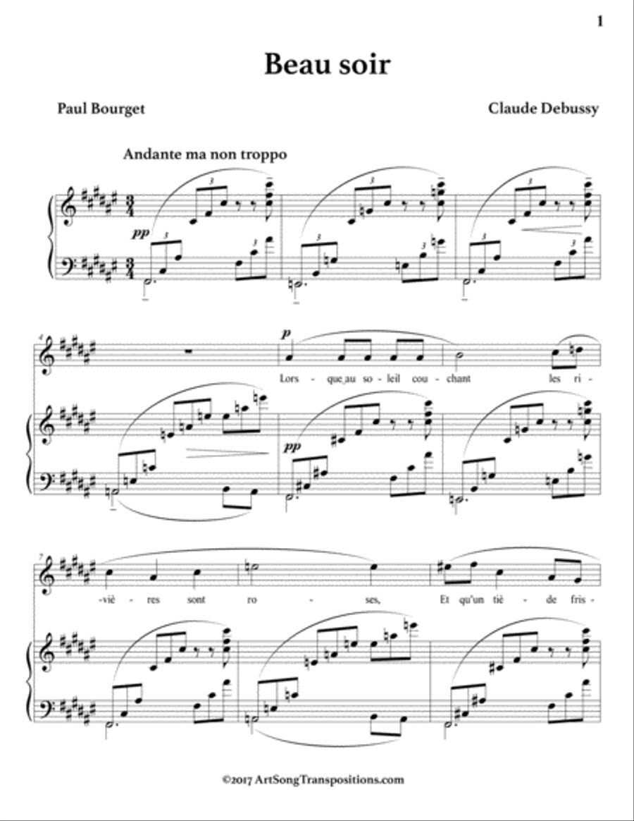 DEBUSSY: Beau soir (transposed to F-sharp major) Voice scores gallery preview page 2