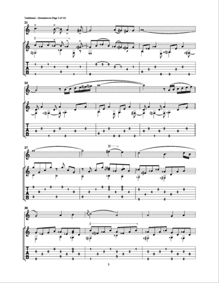 Greensleeves Guitar Tablature scores gallery preview page 3