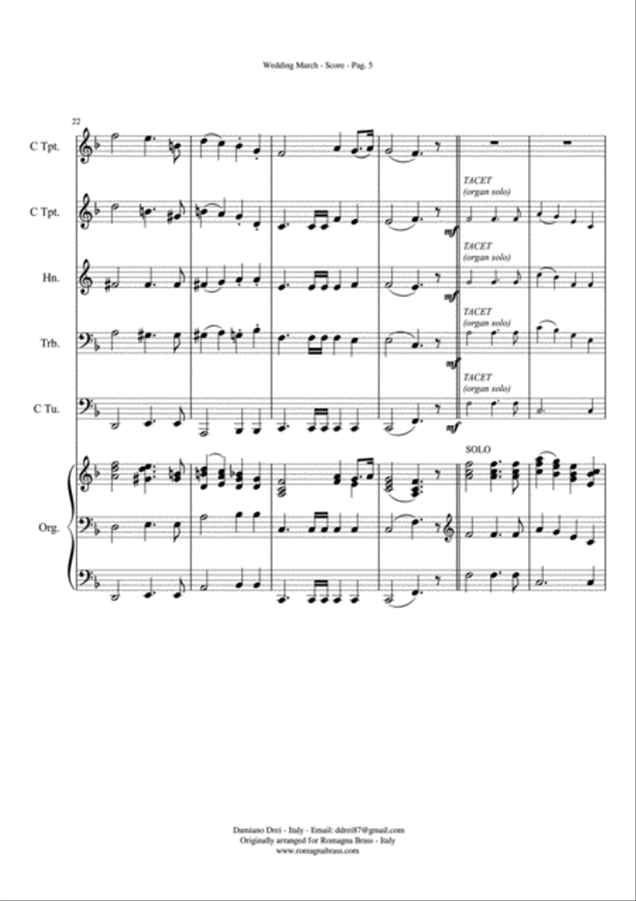 Mendelssohn Wedding March, for Brass Quintet & Optional Organ image number null