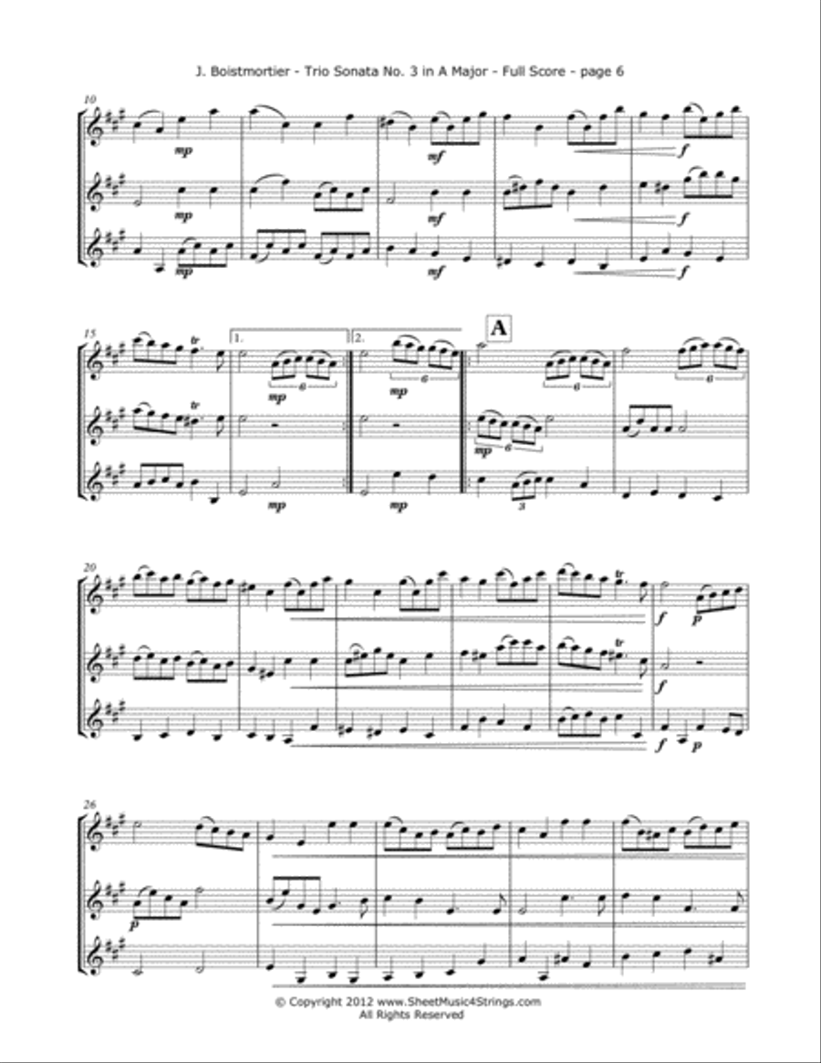 Boismortier, J. - Sonata No. 3 (Mvt.1) for Three Violins String Trio scores gallery preview page 6