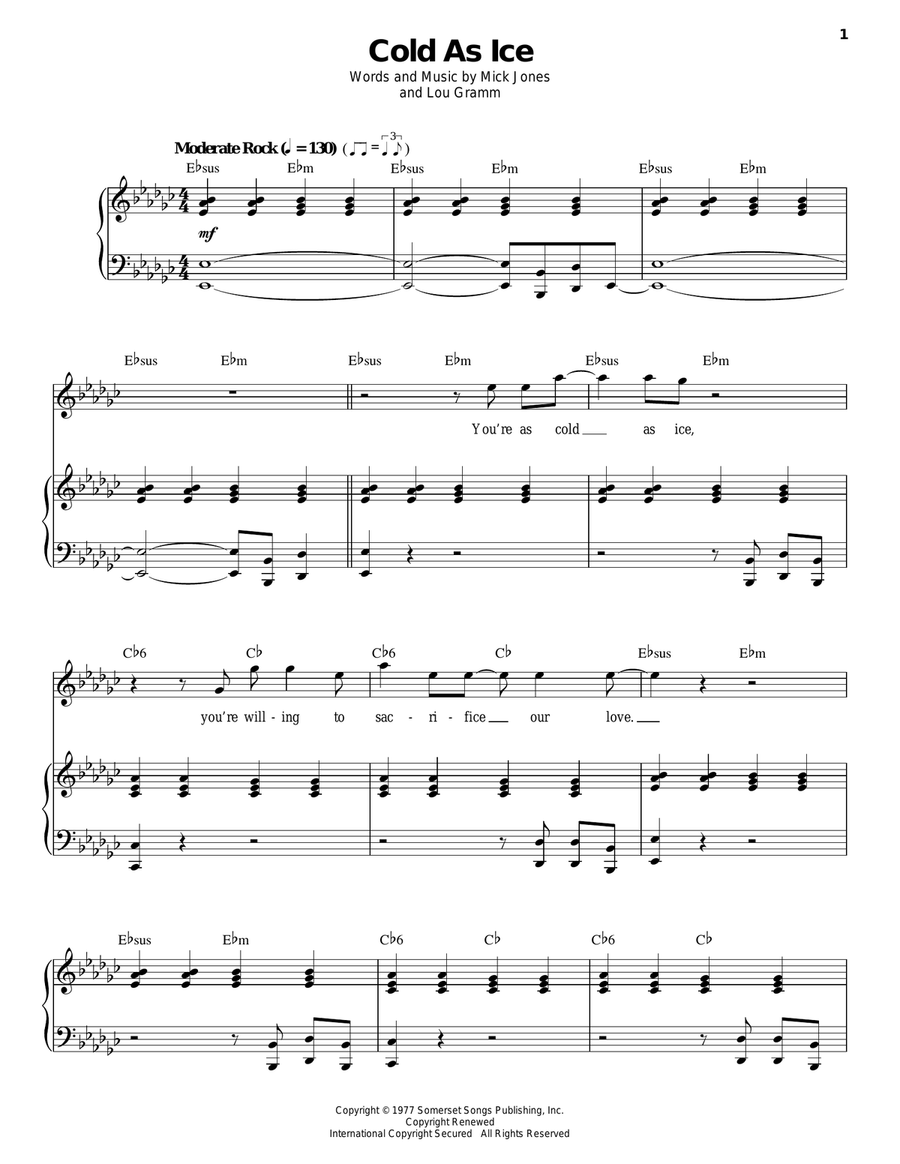 Cold As Ice Piano, Vocal scores gallery preview page 1