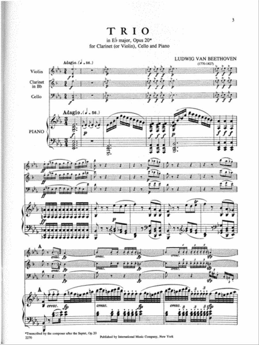 Trio In E Flat Major, Opus 38 For Clarinet (Or Violin), Cello & Piano (Arranged By Composer From Septet, Opus 20)