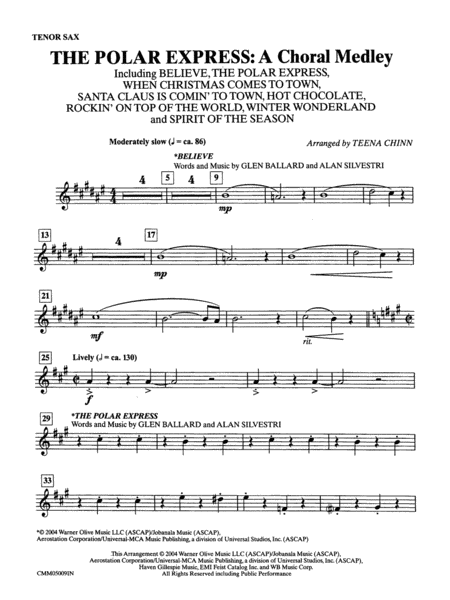 The Polar Express: A Choral Medley: B-flat Tenor Saxophone