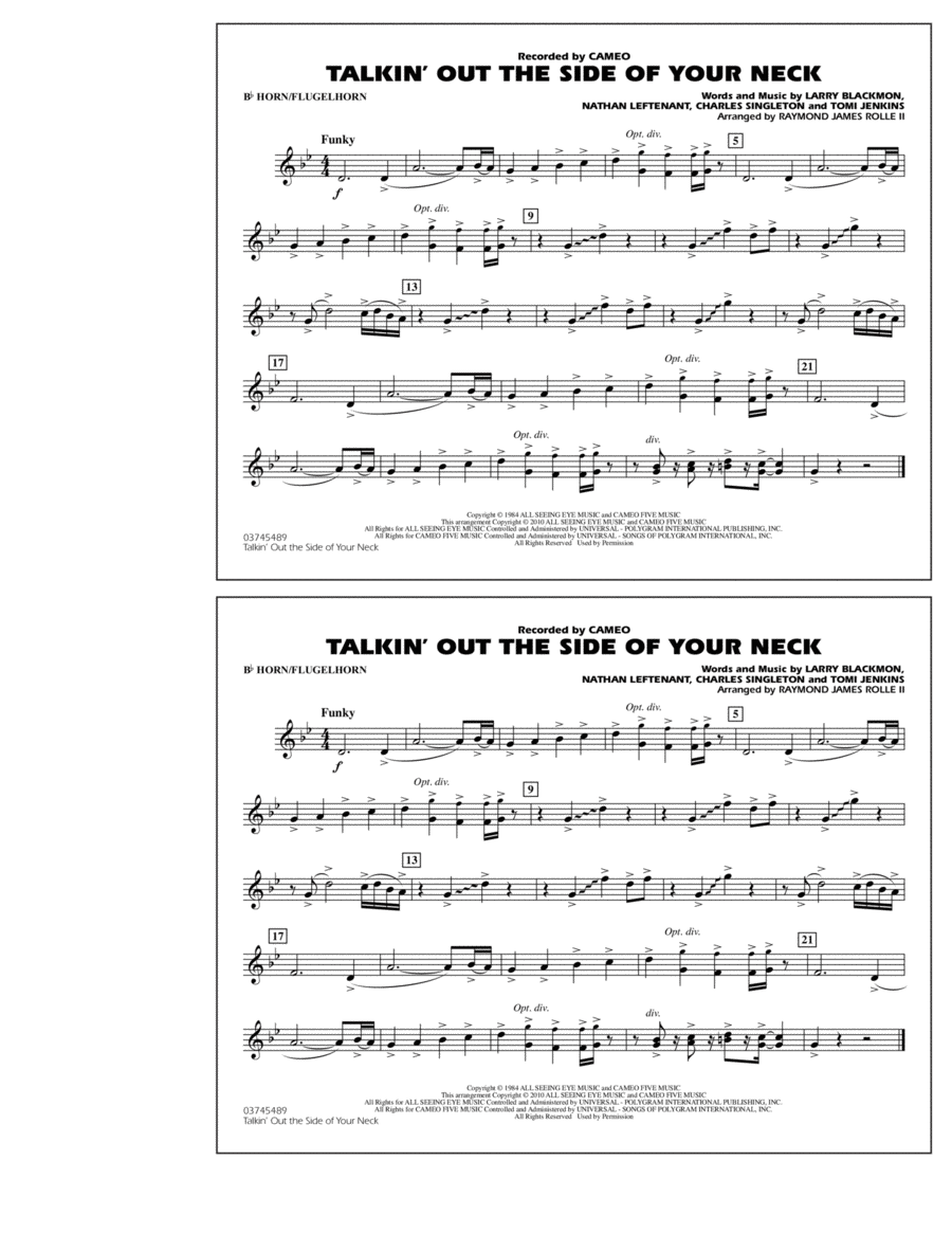 Talkin' Out The Side Of Your Neck - Bb Horn/Flugelhorn Marching Band scores gallery preview page 1