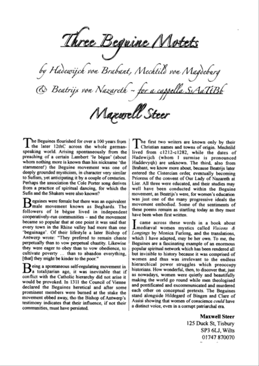 Three Beguine Motets - to words by mediaeval women mystics for acapella SSAATTBB