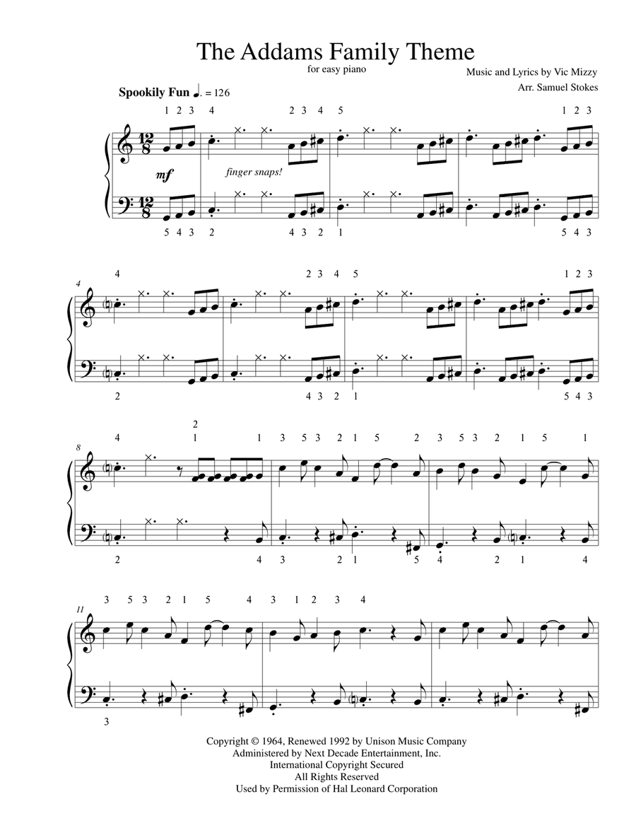 The Addams Family Theme Easy Piano scores gallery preview page 1