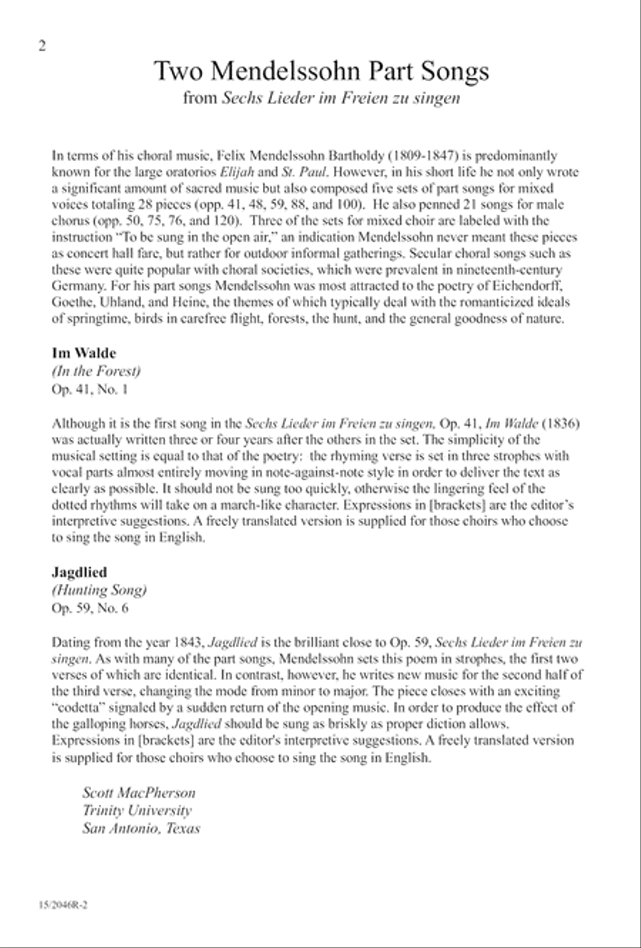 Two Mendelssohn Part Songs: 1. Im Walde 2. Jaglied 4-Part scores gallery preview page 2
