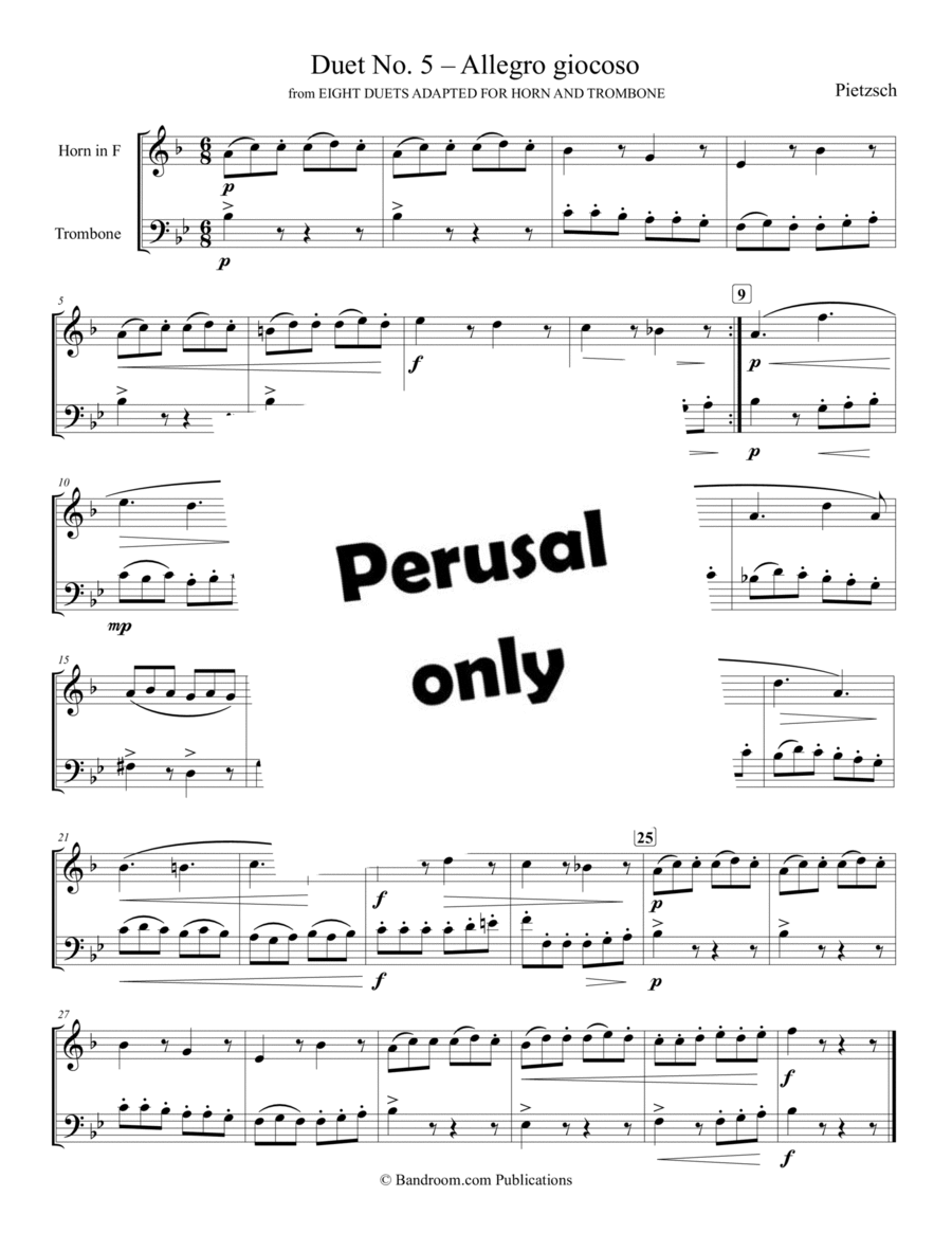 “Duet No. 5 – Allegro giocoso” from EIGHT DUETS ADAPTED FOR HORN AND TROMBONE Brass Duet scores gallery preview page 1