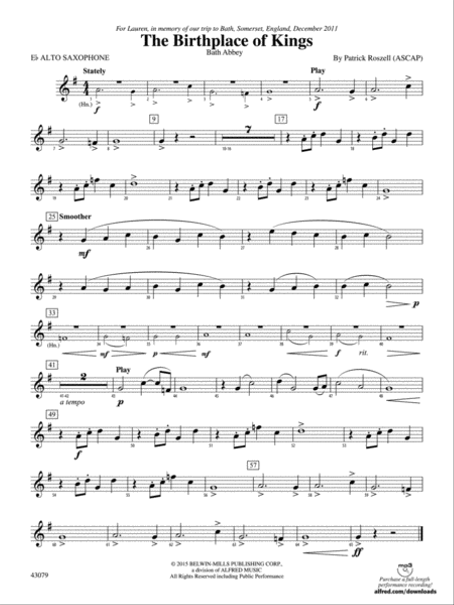 The Birthplace of Kings: E-flat Alto Saxophone Concert Band scores gallery preview page 1