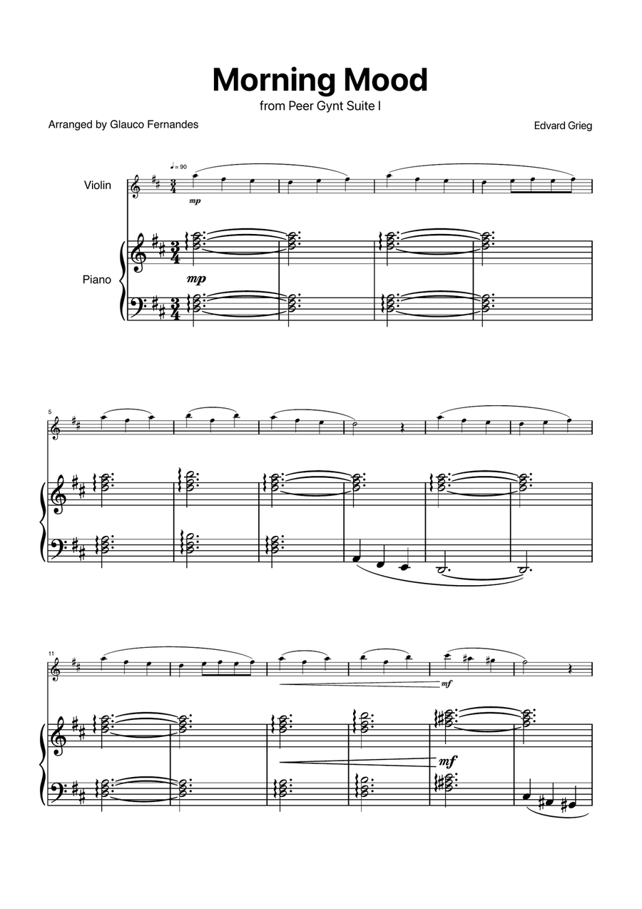 Morning Mood by Grieg for Violin and Piano Chamber Music scores gallery preview page 1