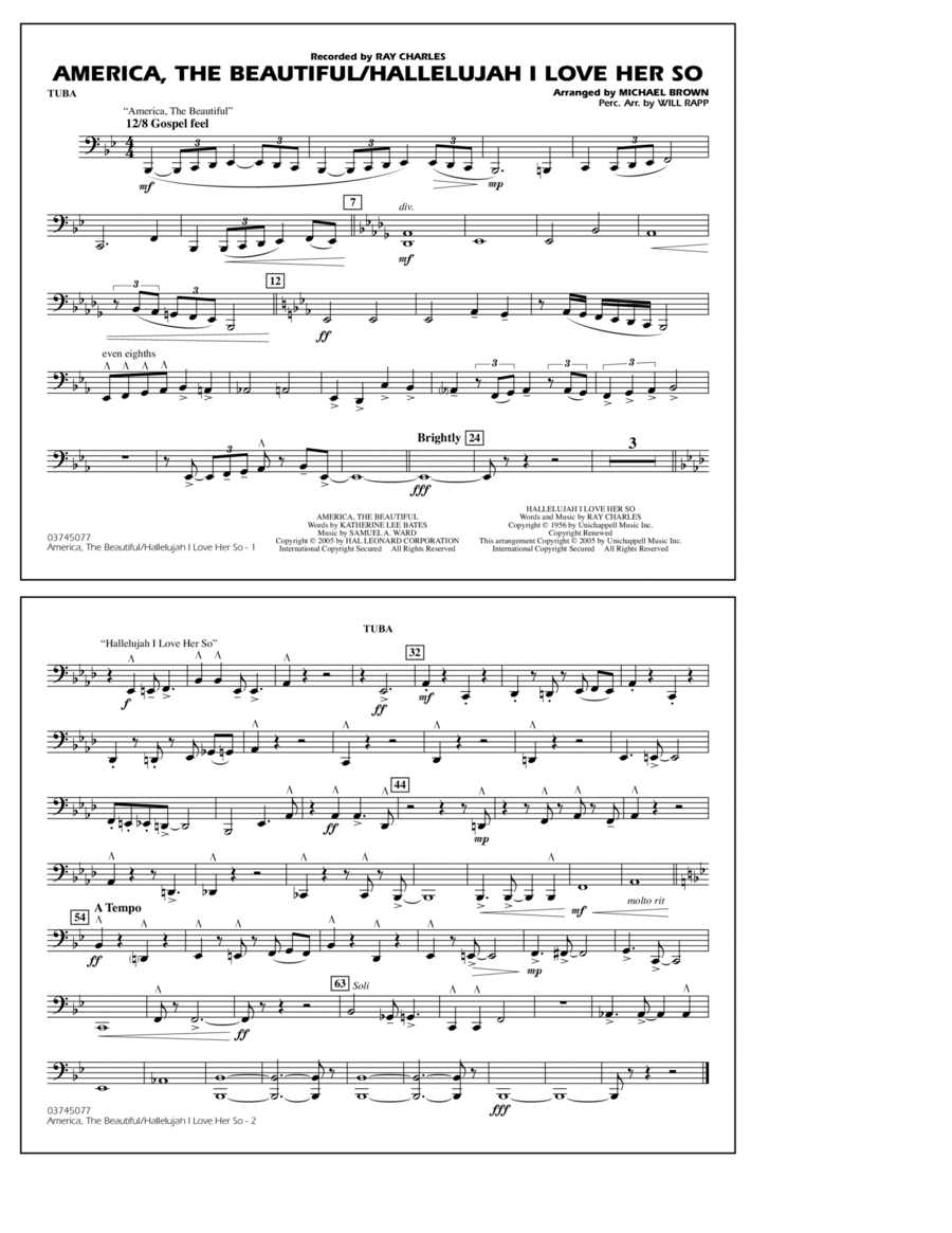 America, The Beautiful/Hallelujah I Love Her So (arr. Michael Brown) - Tuba Marching Band scores gallery preview page 1