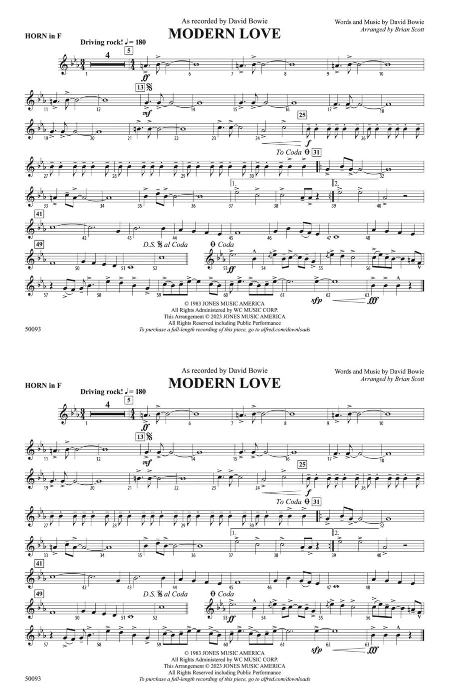 Modern Love: 1st F Horn Marching Band scores gallery preview page 1