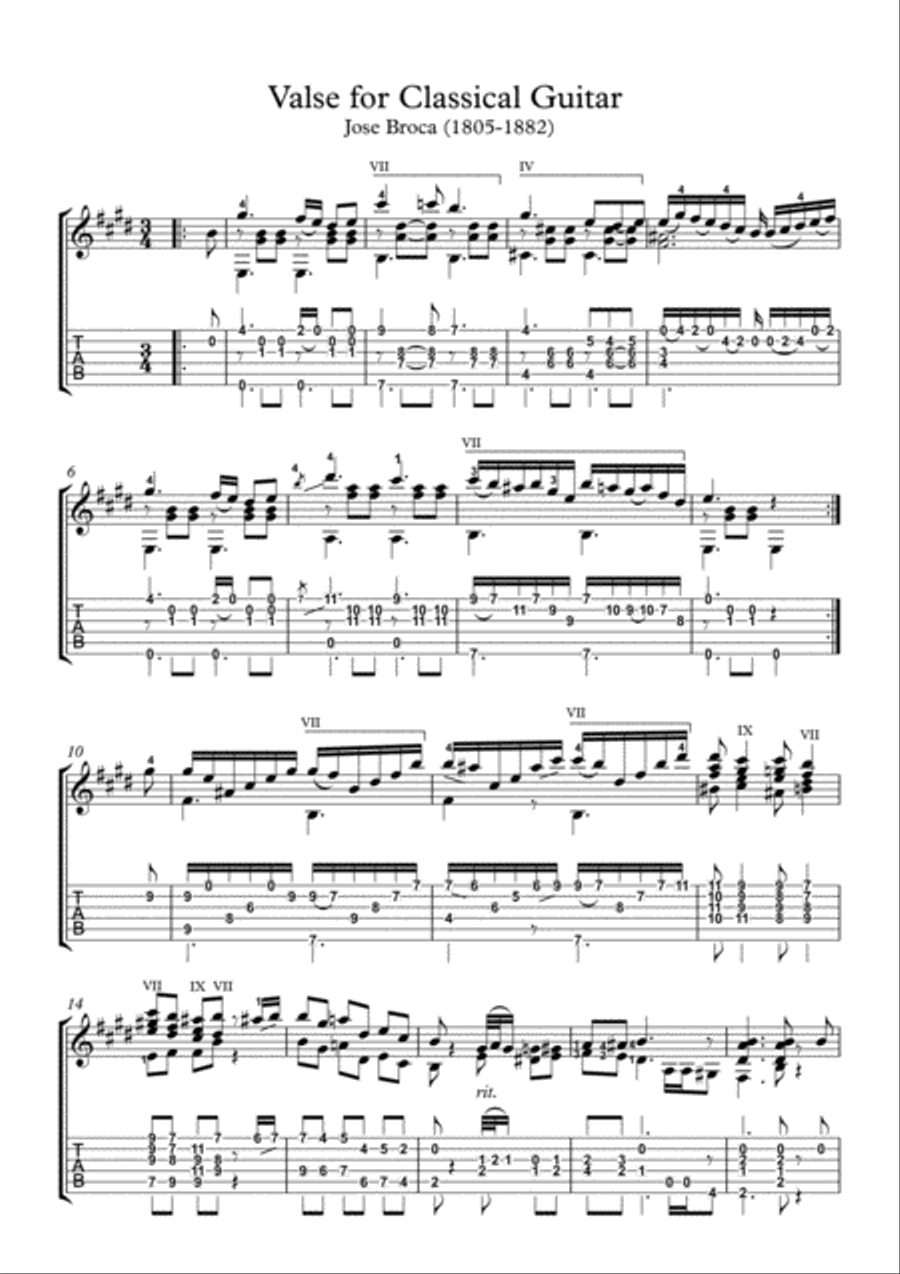 Valse for Classical Guitar with tablature Acoustic Guitar scores gallery preview page 1