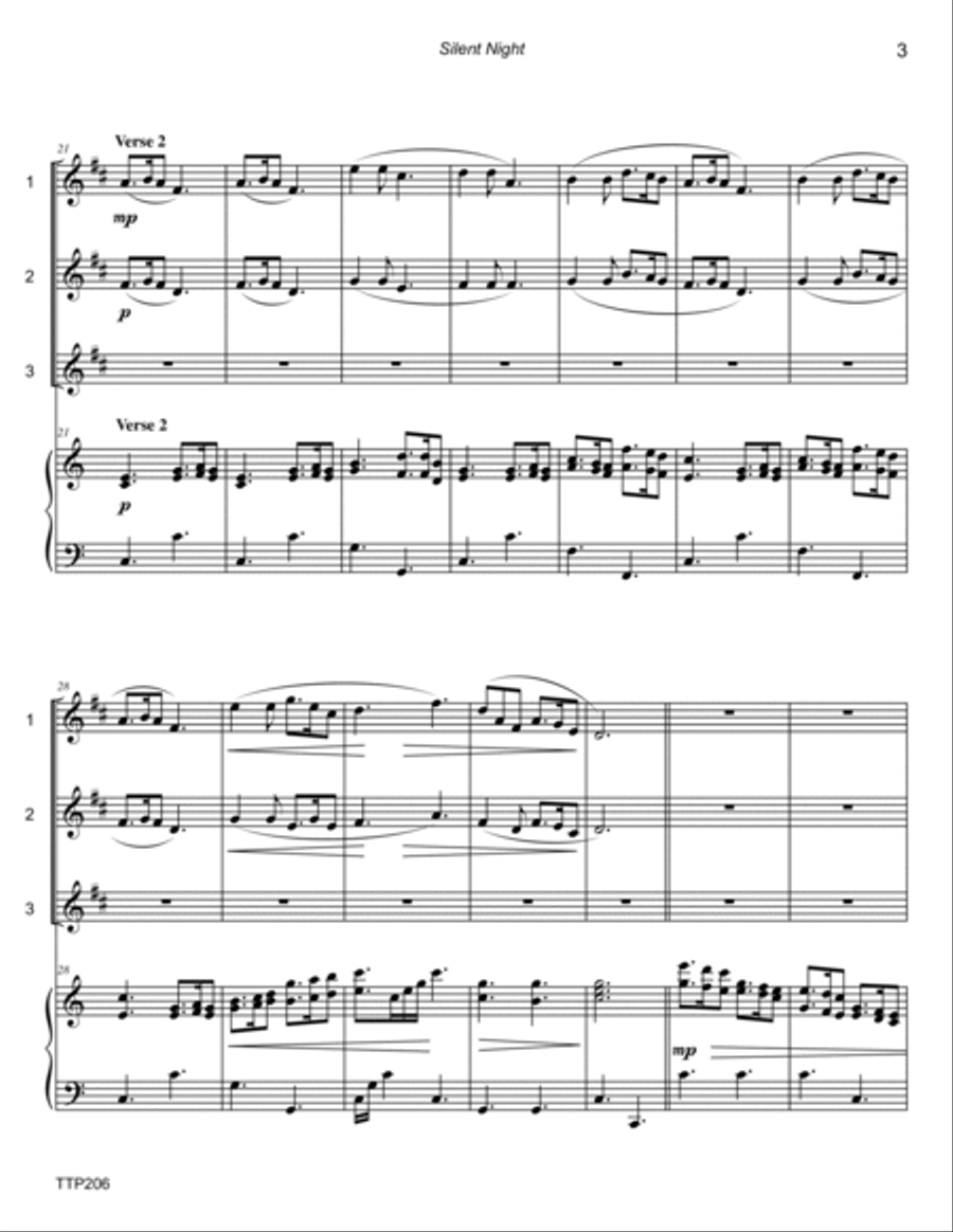 SILENT NIGHT - 1, 2 or 3 Bb TREBLE INSTRUMENTS with Piano Accompaniment Small Ensemble scores gallery preview page 3