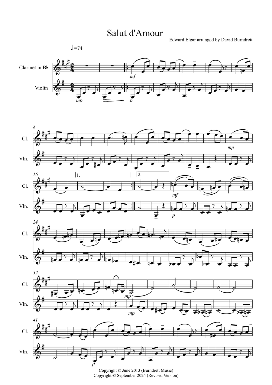 Salut d' Amour for Clarinet and Violin Duet B-Flat Clarinet scores gallery preview page 1
