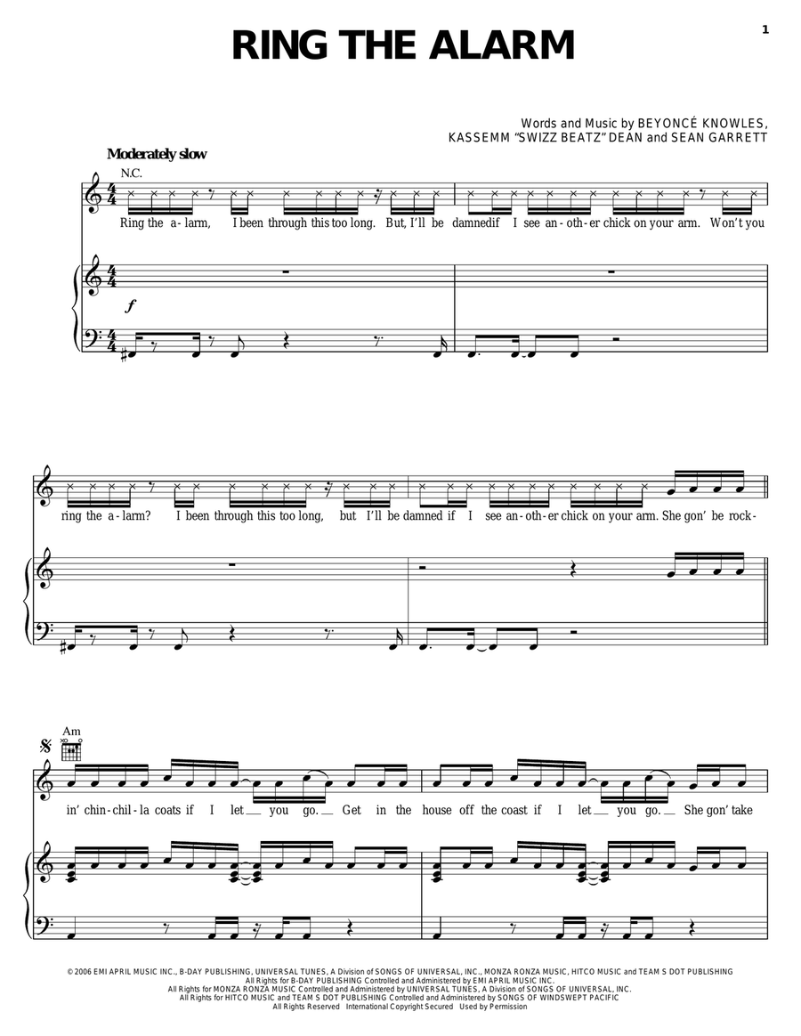 Ring The Alarm Piano, Vocal, Guitar scores gallery preview page 1