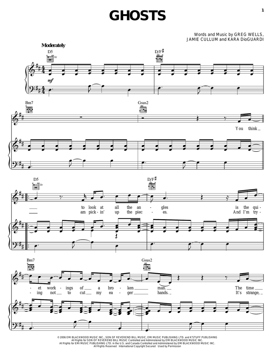Ghosts Piano, Vocal, Guitar scores gallery preview page 1