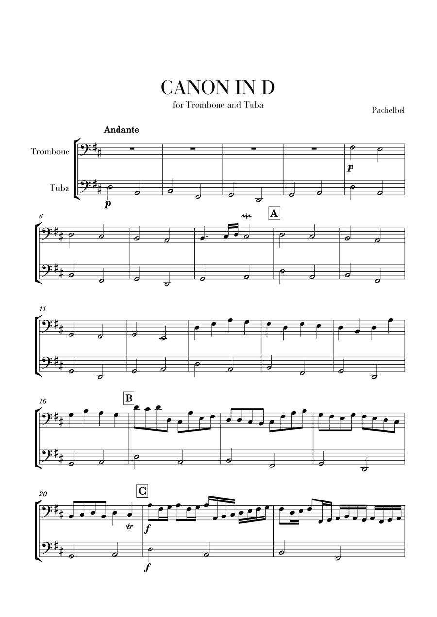 Canon in D for Trombone and Tuba Brass Duet scores gallery preview page 1