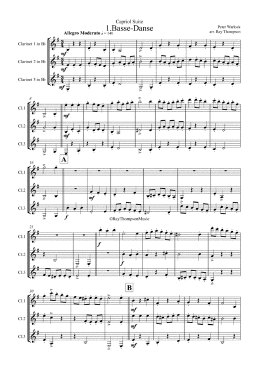 Warlock: Capriol Suite Mvt. 1 Basse-Danse - clarinet trio Clarinet Trio scores gallery preview page 2