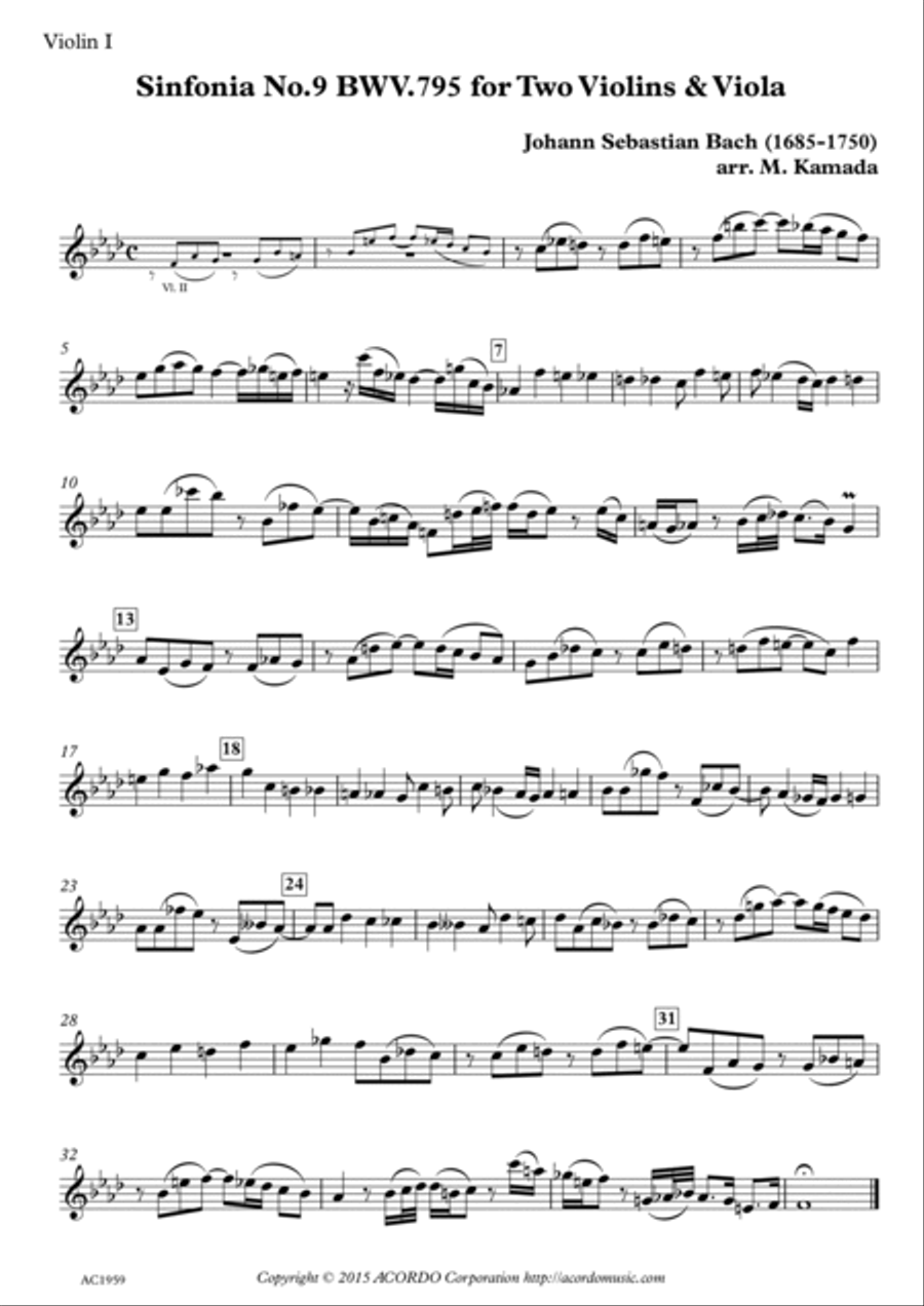 Sinfonia No.9 BWV.795 for Two Violins & Viola image number null