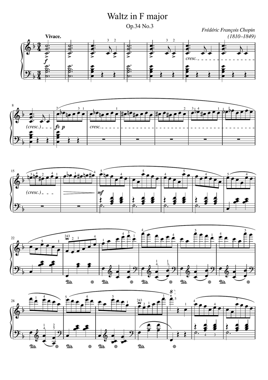 Chopin - Waltz No. 4 in F Major, Op. 34, No. 3 - Original With Fingering For Piano Solo Piano Solo scores gallery preview page 1