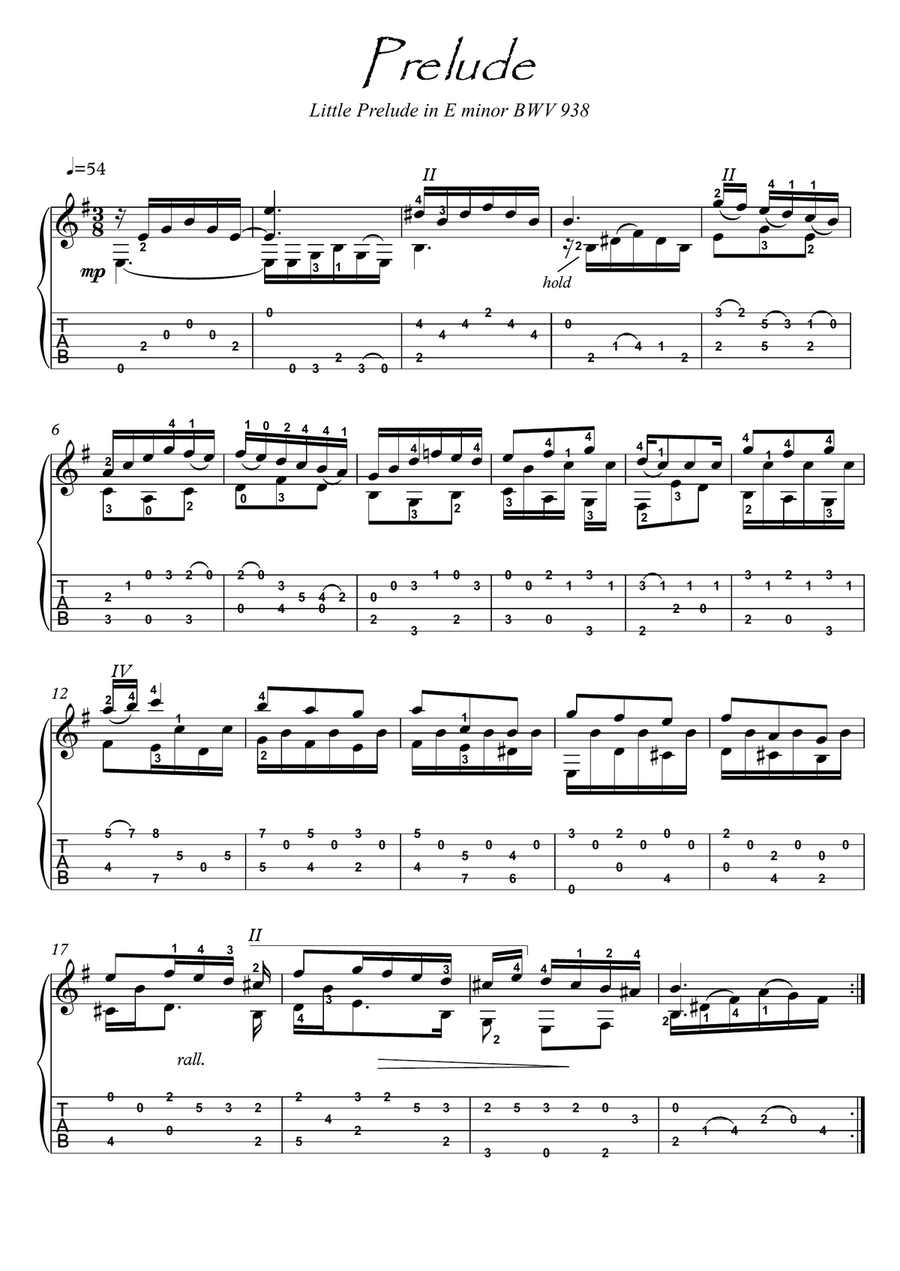 Bach Prelude in E minor BWV 938 guitar solo Acoustic Guitar scores gallery preview page 1