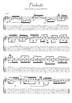 Book cover for Bach Prelude in E minor BWV 938 guitar solo