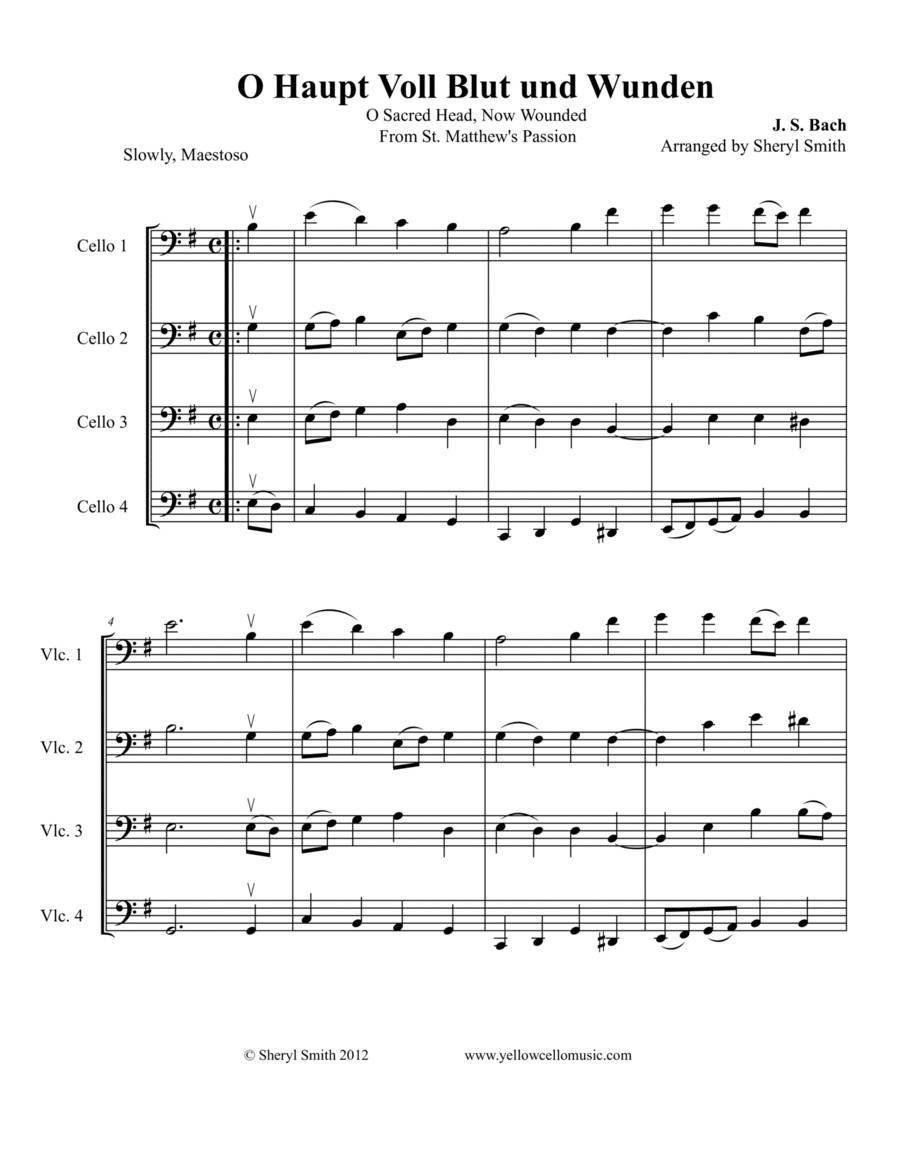 O Haupt Voll Blut und Wunden (O Sacred Head, Now Wounded) arranged for intermediate cello quartet (f String Orchestra scores gallery preview page 1