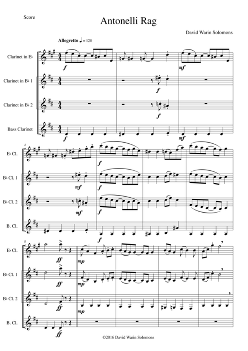 Antonelli Rag for clarinet quartet (1 E flat clarinet, 2 B flat clarinets, 1 bass clarinet) image number null