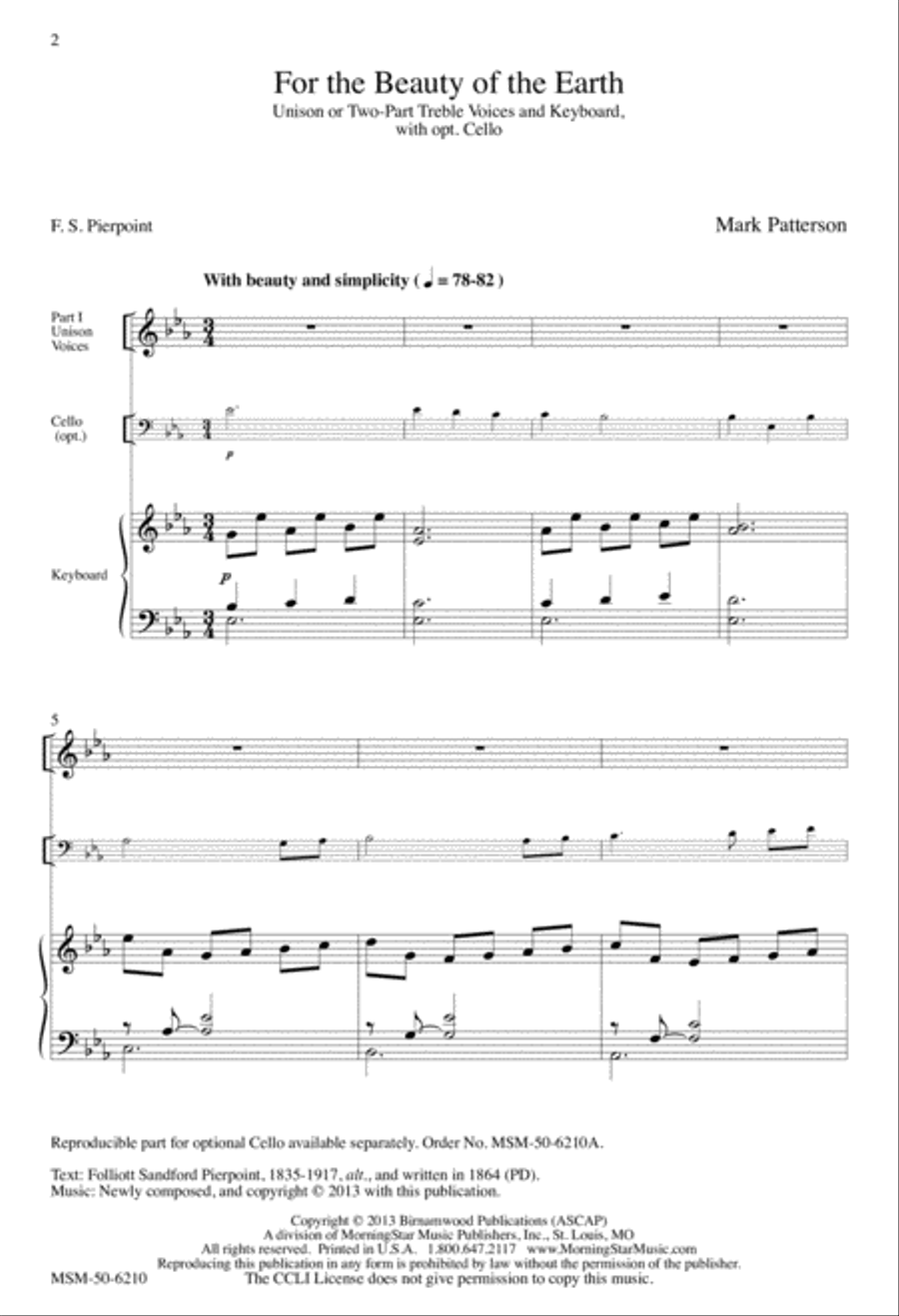 For the Beauty of the Earth Unison Choir scores gallery preview page 2