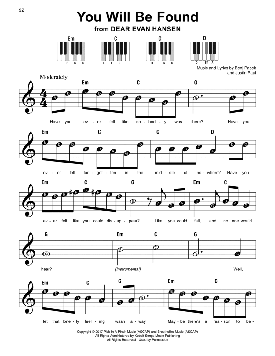 You Will Be Found (from Dear Evan Hansen) Easy Piano scores gallery preview page 1