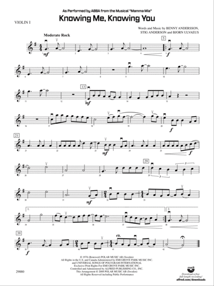 Knowing Me, Knowing You (As performed by ABBA from the musical Mamma Mia): 1st Violin String Orchestra scores gallery preview page 1