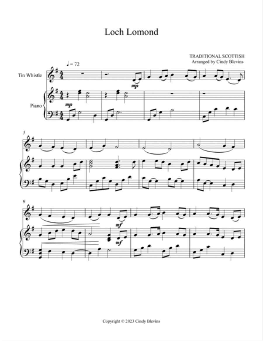 Loch Lomond, Piano and Tin Whistle (D) Piano scores gallery preview page 2