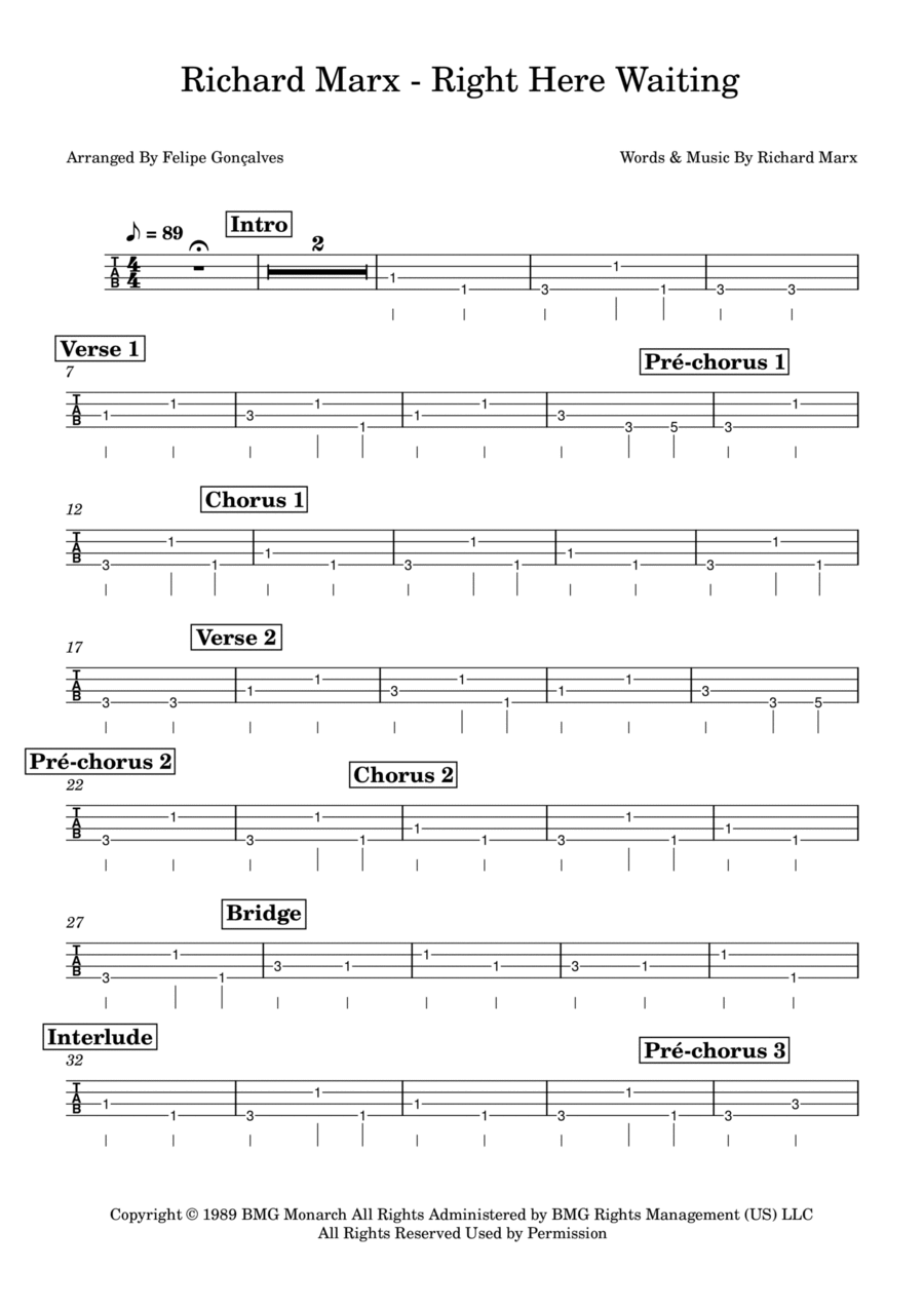 Right Here Waiting Right Here Waiting Guitar Tablature scores gallery preview page 1